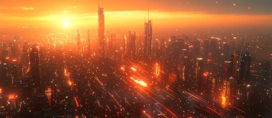Obraz premium Futuristic city skyline at sunset, glowing with orange hues and vibrant light trails