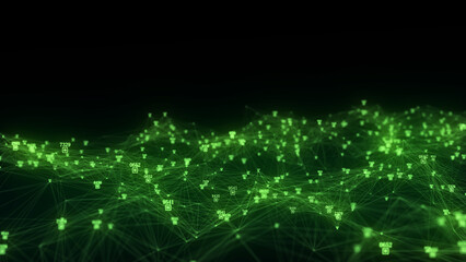 Dark cyberspace in digital background. Abstract technology wave with motion glowing dots and lines. Connection big data. Futuristic wireframe texture. Analysis a network connection. 3D rendering.