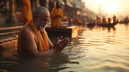 Spiritual reflection during sunrise at the riverbank with practitioners engaging in ritual bathing in Varanasi
