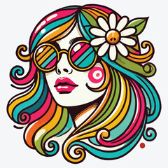 Retro groovy hippie girl face with sunglasses, daisy flower and rainbow hair