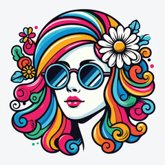 Retro groovy hippie girl face with sunglasses, daisy flower and rainbow hair