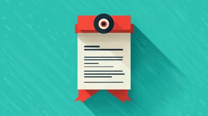 Certificate on teal. Flat vector, red details, black seal, horizontal lines