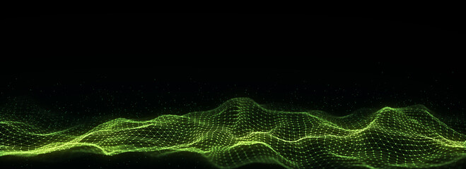 Dark cyberspace in digital background. Abstract technology wave with motion glowing dots and lines. Connection big data. Futuristic wireframe texture. Analysis a network connection. 3D rendering.