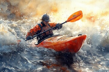 Fototapeta premium Kayaking Adventure through Dynamic Rapids and Sunlit Water