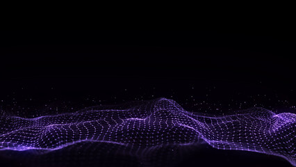 Dark cyberspace in digital background. Abstract technology wave with motion glowing dots and lines. Connection big data. Futuristic wireframe texture. Analysis a network connection. 3D rendering.