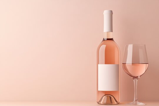 Elegant display of a wine bottle and glass resting on a smooth surface with a soft pastel background during a calm afternoon