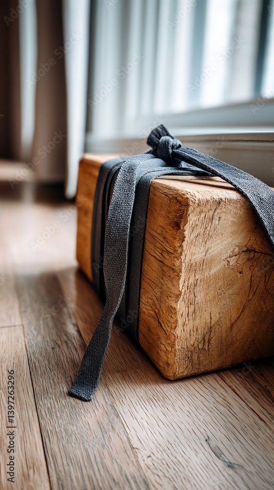 Poster wooden block tied with gray fabric ribbon, resting on light brown wooden floor near window, showcasi