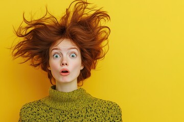 Surprised woman with wild hair expresses astonishment against a vibrant yellow background during a playful moment