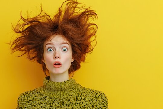 Surprised woman with wild hair expresses astonishment against a vibrant yellow background during a playful moment