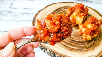 Spoonful of Cranberry Chutney on Wooden Serving Board