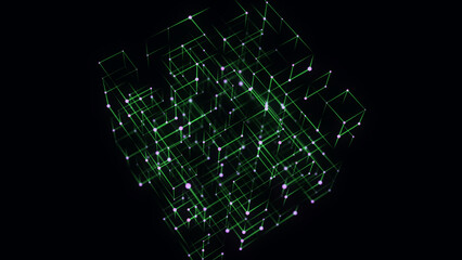 3D futuristic geometric cube with dots and lines. Abstract wireframe blockchain. Science background. Structure technology network connection. Ai in dark cyberspace background. 3D rendering.