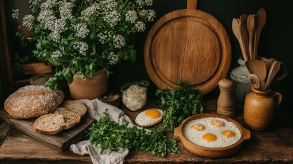Still Life Featuring Bread Fried Eggs and Green Herbs On Weathered Wood In Warm Tones With A Bouquet of White Flowers