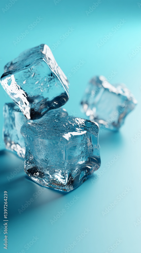 Aufkleber close-up of three translucent ice cubes on a blue background, showcasing a refreshing and clean aest
