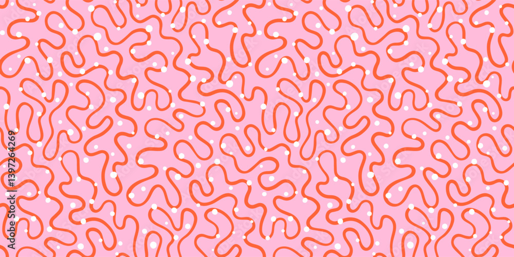Poster continuous doodle organic line and uneven dots seamless repeat vector pattern. fluid, funky chaotic 