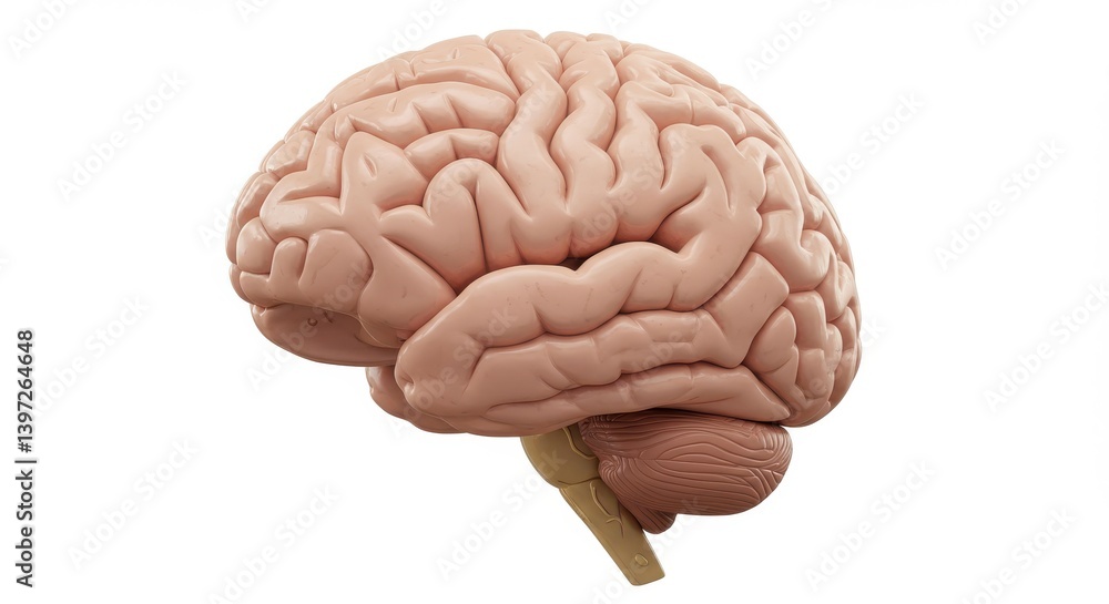 Poster side view of a human brain model showcasing detailed structure and anatomical complexity with folds