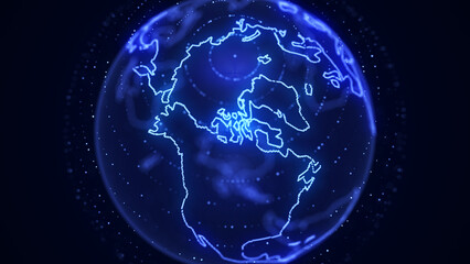 Virtual security planet Earth managing ai. Abstract network connection on digital background. Technology processing data in galaxy. Futuristic 3D wireframe sphere. Globe polygon. 3D rendering.