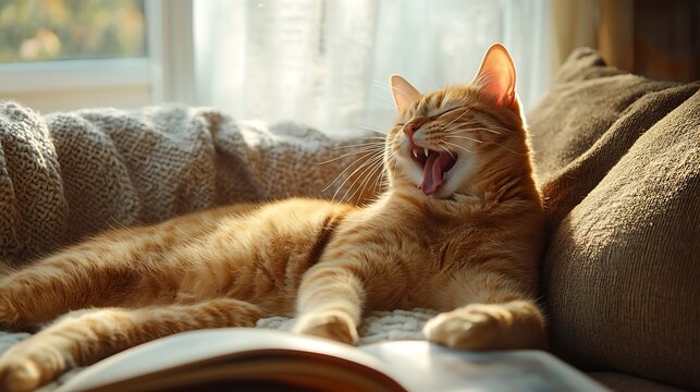 Cat stretching and yawning on a soft pet cushion next to a window with sheer curtains, background includes books and a cozy blanket on the couch. Created Using: candid pet photography,