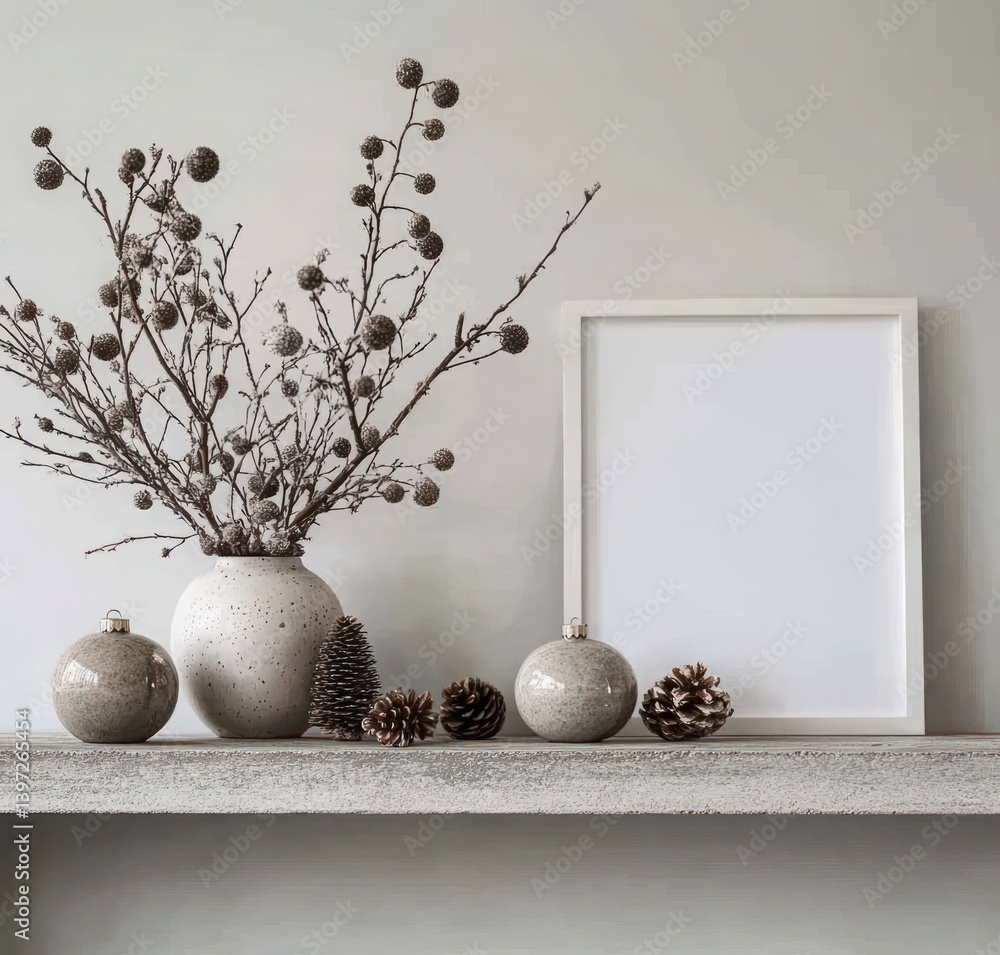Poster Minimalist Arrangement of Decorative Vase with Twigs and Pine Cones on a Simple Shelf Against a Neutral Background