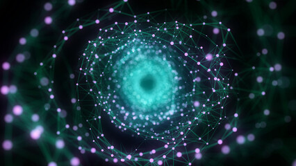Futuristic sci-fi circle portal in space. 3D ai tunnel with dots and lines. Abstract digital wormhole data. Flow particle by funnel. Fantasy circle vortex on dark background. 3D rendering.