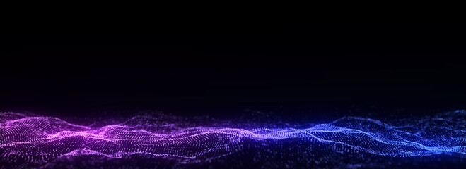 Abstract technology wave with motion glowing dots. Dark cyberspace in digital background. Connection big data. Futuristic wireframe texture. Dynamic analysis a network connection. 3D rendering.