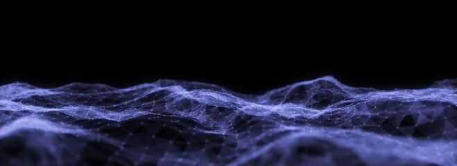 Dark cyberspace in digital background. Abstract technology wave with motion glowing dots and lines. Connection big data. Futuristic wireframe texture. Analysis a network connection. 3D rendering.
