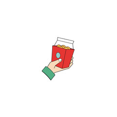 takeaway food hand with packet on white background