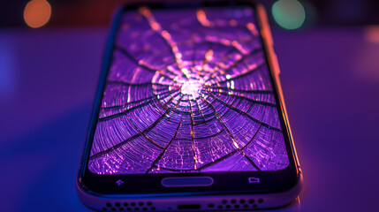 A cracked smartphone screen displays a network of shattered glass, conveying a sense of damage and disrepair. The display reflects the surrounding environment.