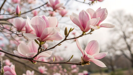 twig with blooming pink magnolia flowers close up over blue background, beautiful pink magnolia flowers blooming in the garden
