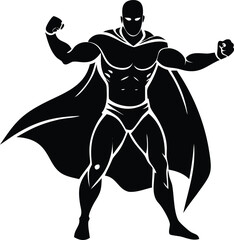 Black and White Superhero Vector Illustration, Muscular Male Hero with Cape in Action Pose