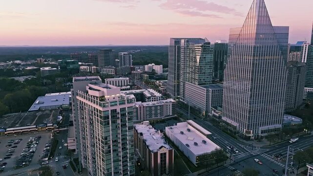 Aerial cityscape of Atlanta&rsquo;s Buckhead office building area surrounded by residential and commerical skyscrapers