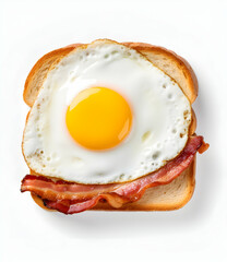 A simple composition of bacon and fried egg on toast, isolated on a white background, top view, with a transparent jpg format.