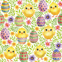 Easter seamless background in watercolor technique. Yellow chicks with Easter eggs on a white background