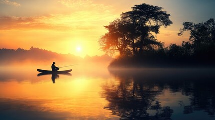 Early Morning Fishing Moment with Golden Light and Calm Waters
