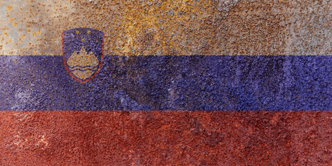 Slovenia State Flag. Dirty Slovenia flag on metal surface