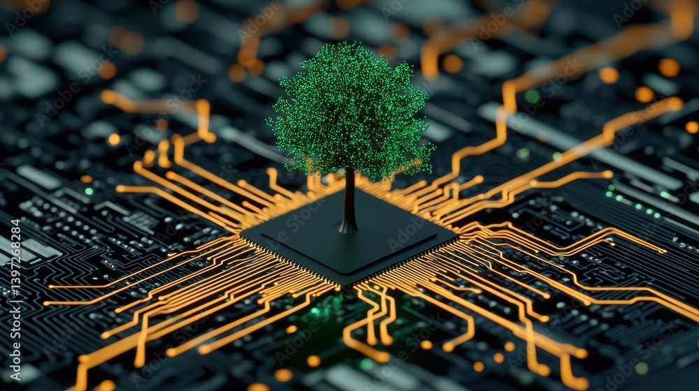 Poster green tree on microchip surrounded by circuit lines symbolizing technology and nature harmony