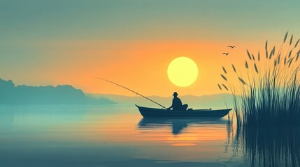 Tranquil Boat Fishing at Dawn with Serene Reflections and Warm Glow