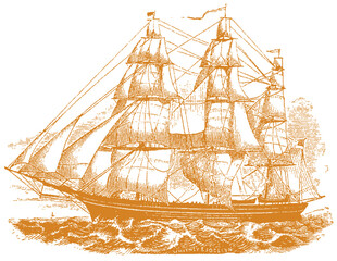 Vintage Sailing Ship Engraving with Nautical Ocean Theme © Md