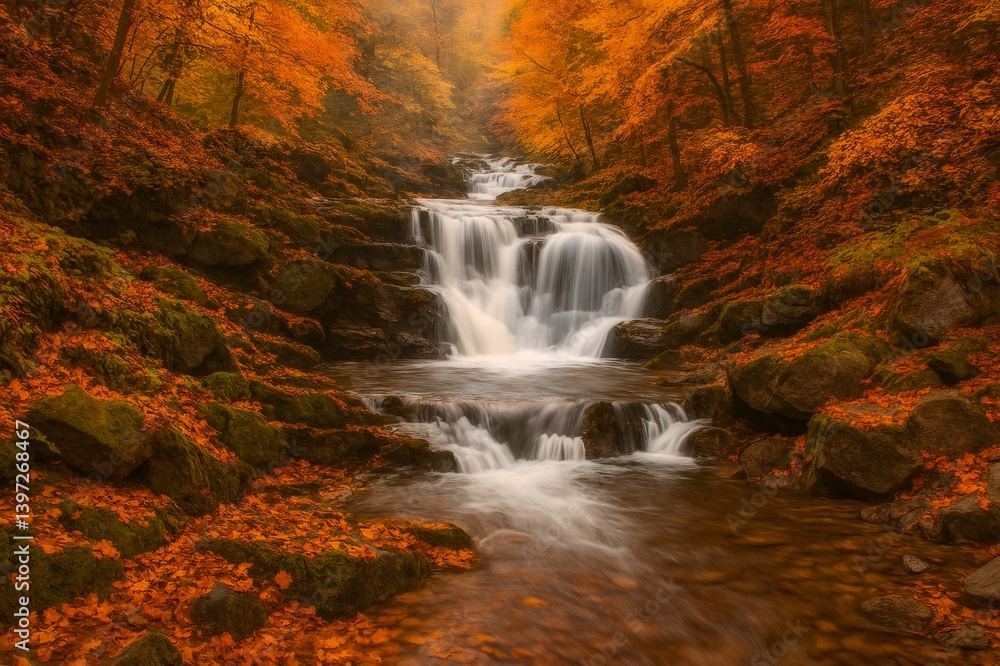Poster beautiful waterfall cascading through a colorful autumn forest, creating a magical and serene atmosp