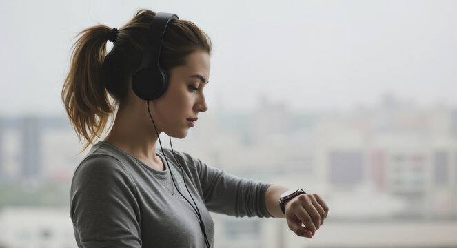 Woman with ponytail wearing headphones checking smartwatch against urban skyline. Time management and digital connectivity. Technology concept for fitness tracking and music experience