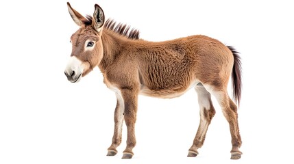 Obraz premium Donkey Standing in Side View Looking at the Camera on White Background