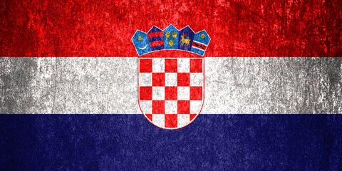 Naklejka premium Croatia State Flag. Dirty Croatia flag on metal surface.