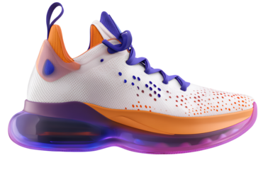  realistic futuristic sneaker with purple, blue, and orange color details on a white transparent background PNG 