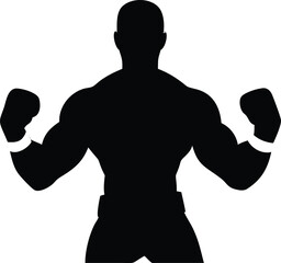 Fototapeta premium Victory Boxer Champion Vector, Muscular Fighter with Gloves Raised in Ring, Boxing Winner Clipart Design