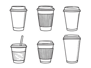 Paper Cup Black Line Drawing on White Background