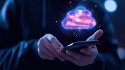 A glowing, digital cloud icon hovering above a smartphone, symbolizing cloud technology and data storage. The soft lighting and futuristic design emphasize the concept of digital connectivity and the 