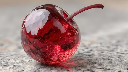 A crystal - clear bright - red cherry. It's a transparent cherry made of red crystal, a crystal product with a smooth surface crafted from crystal material. In commercial.