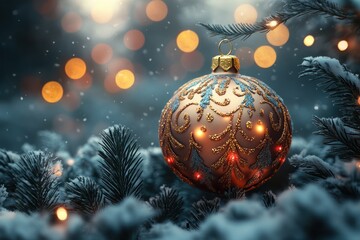 Christmas Ornament on Snowy Pine Branch with Golden and Red Lights