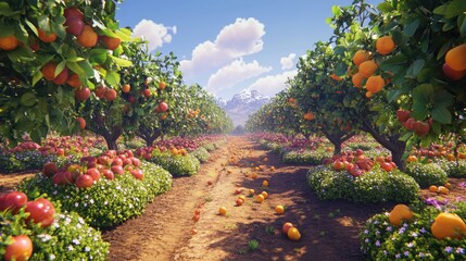 Lush Orchard Scene Featuring Colorful Fruits and Clear Skies Above