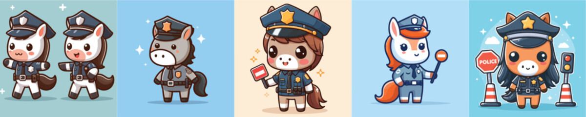 collection of cute and adorable horse vectors wearing traffic police uniforms