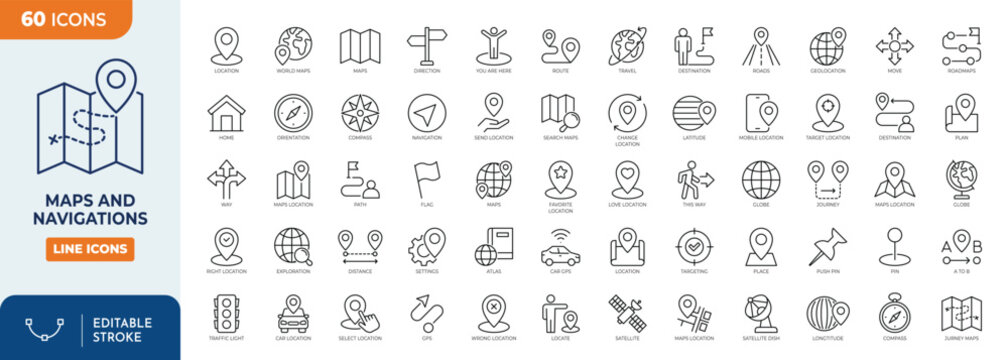 Map and navigation icon set. Containing maps, location, navigation, direction, GPS, flag, destination, route, road and more. Outline Icon Collection. Vector illustration. Editable stroke	
